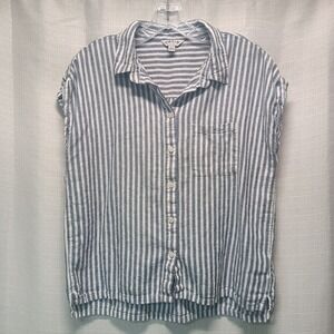 Orvis Blue White Stripe Linen Blend Short Sleeve Button Down Shirt Womens Size M
